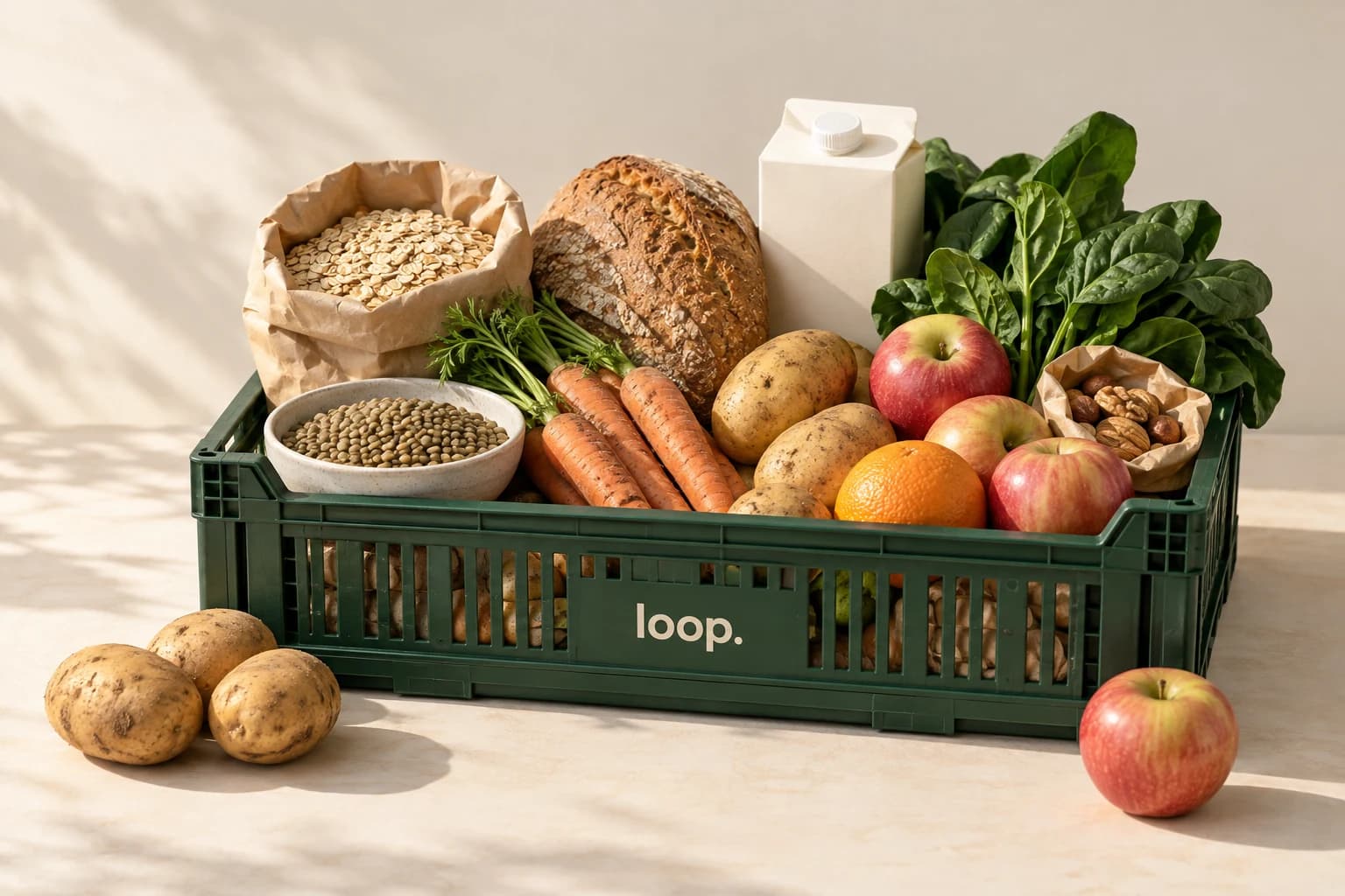 Verbeelding van een groene loop. krat met havermout, brood, linzen, aardappelen, groente, fruit en noten